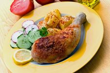 Fried Chicken With Fried Potatoes, And Cucumber,to Stock Images