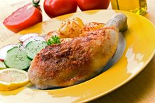 Fried Chicken With Fried Potatoes, And Cucumber,to Royalty Free Stock Photography