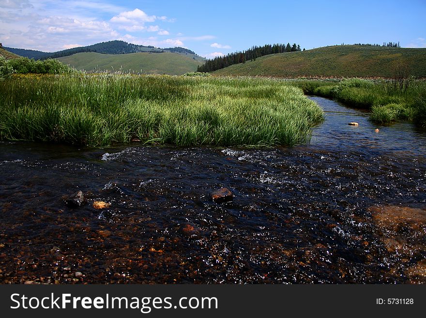 Stanley Creek as it flows through high mountain meadow, Stanley Idaho. Stanley Creek as it flows through high mountain meadow, Stanley Idaho