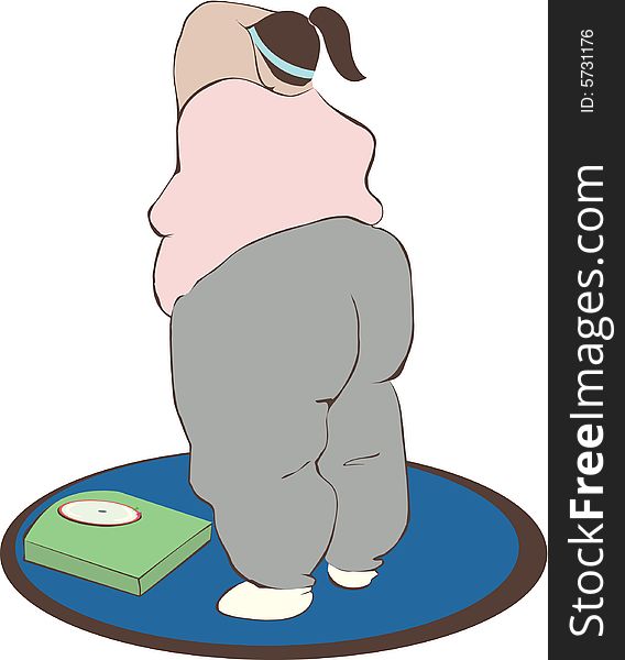 Rotund woman dreads stepping on the scale. Rotund woman dreads stepping on the scale.