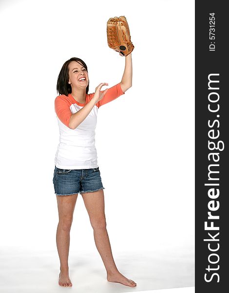 Teenage girl holding softball glove. Teenage girl holding softball glove