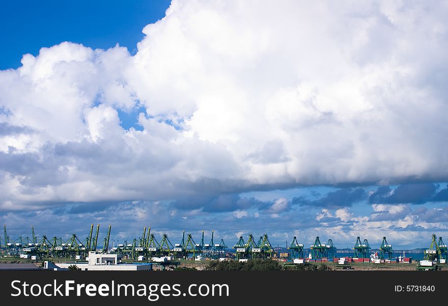 Great harbor view with blue sky and white clouds