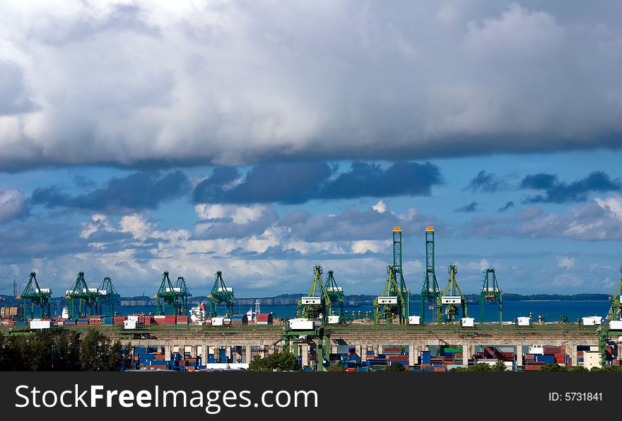 Great harbor view with blue sky and white clouds