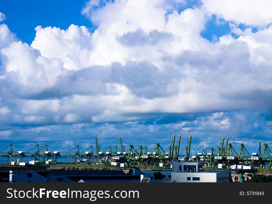 Great harbor view with blue sky and white clouds