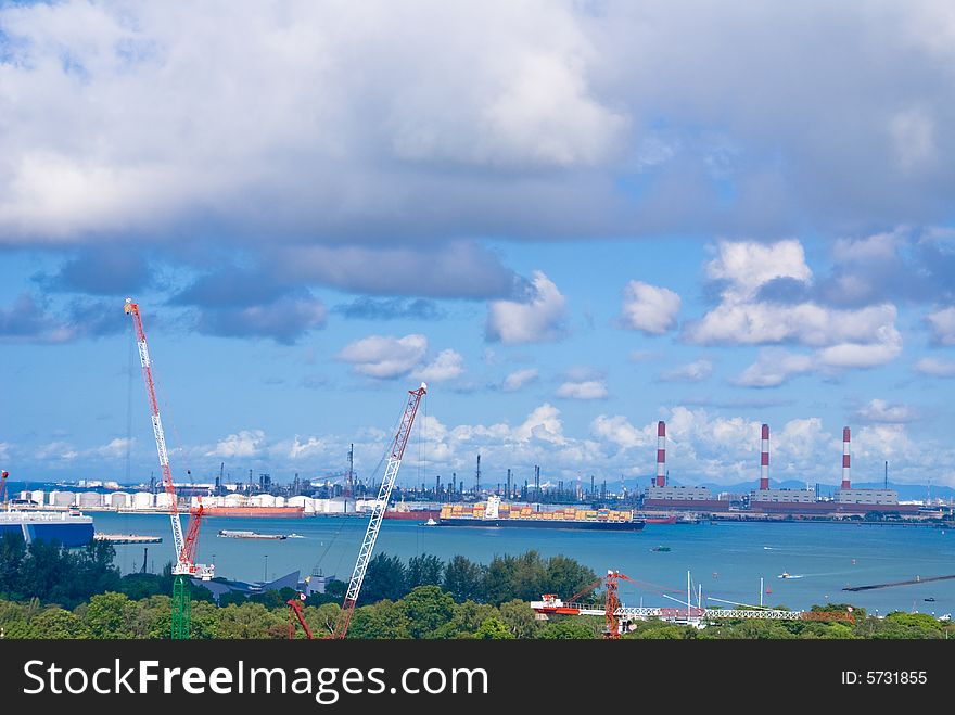 Great harbor view with blue sky and white clouds