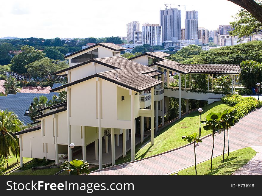 Tropical architecture with long stand in green environment