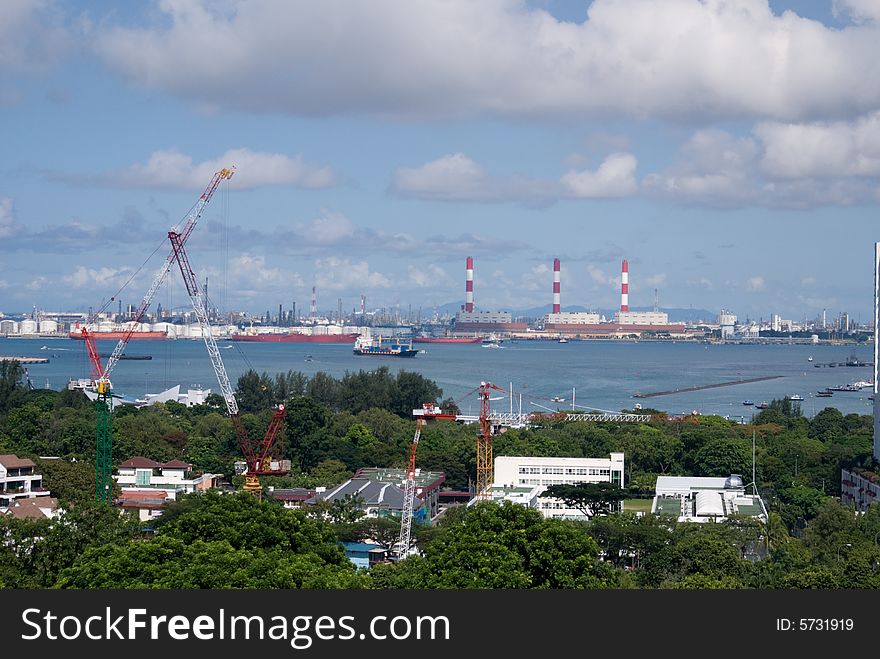 Great harbor view with blue sky and white clouds