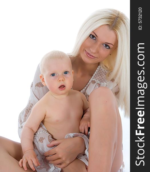 Happy mother with baby over white