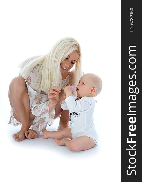 Happy mother with baby over white