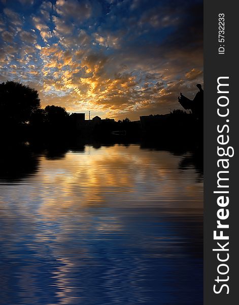 Orange color morning cloud on reflected water surface. Orange color morning cloud on reflected water surface