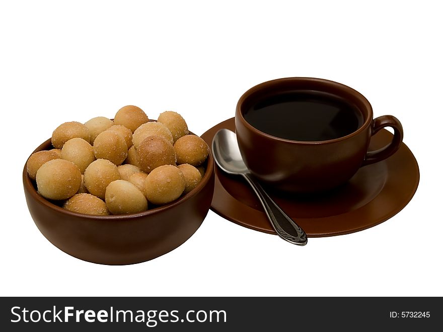 Cup of black tea with sea-biscuit on white background. Cup of black tea with sea-biscuit on white background