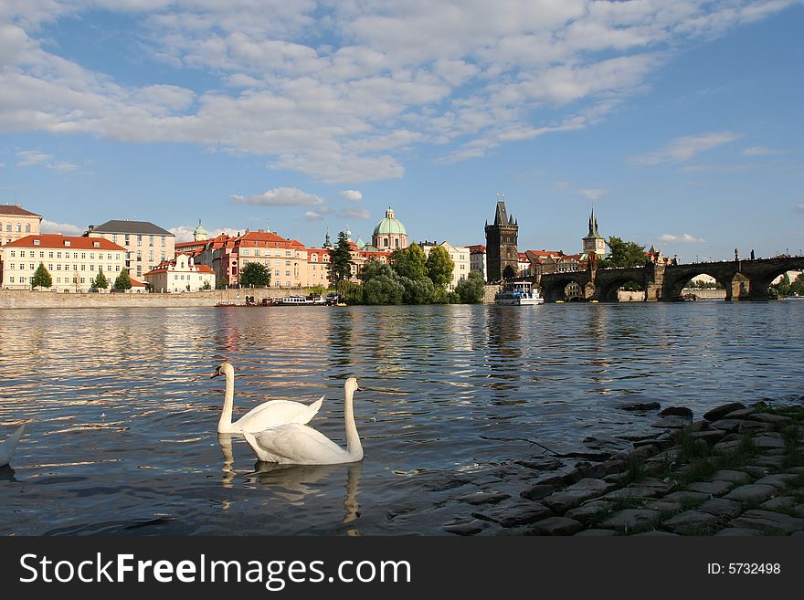 View on Charles bridge and river Vltava , Prague