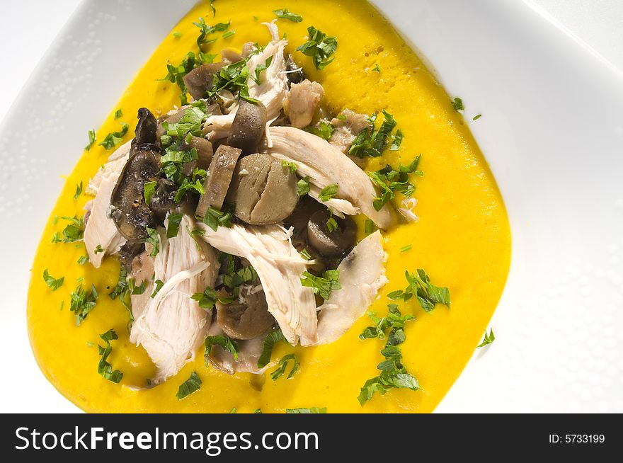 Grilled chicken mushrooms and yellow sauce