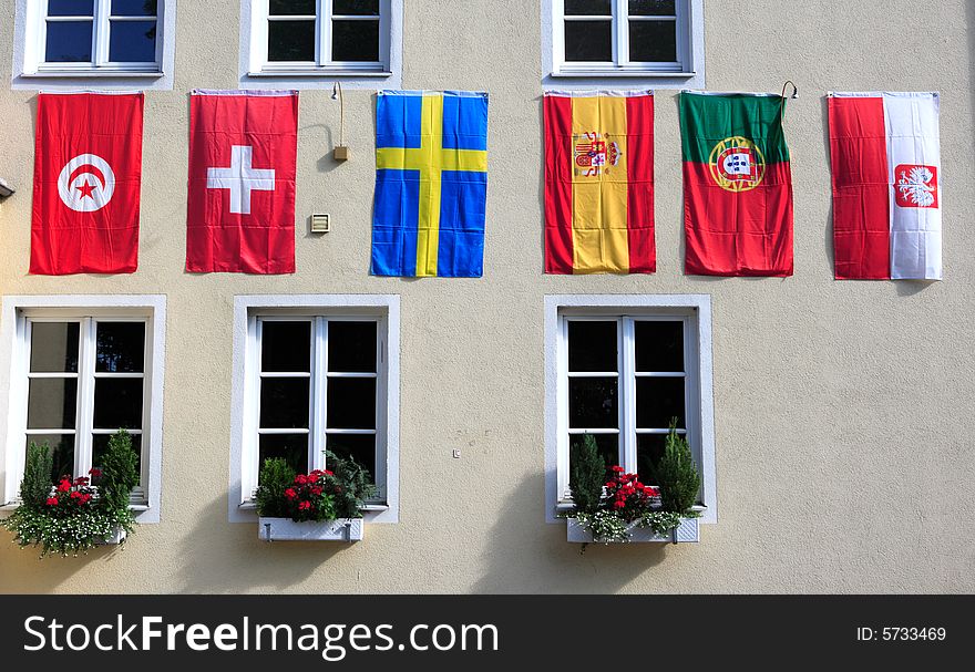 European flags, decoration on a house during UEFA Euro 2008 football championship