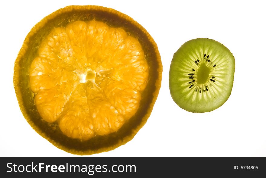 Orange and kiwi fruit isolated on white