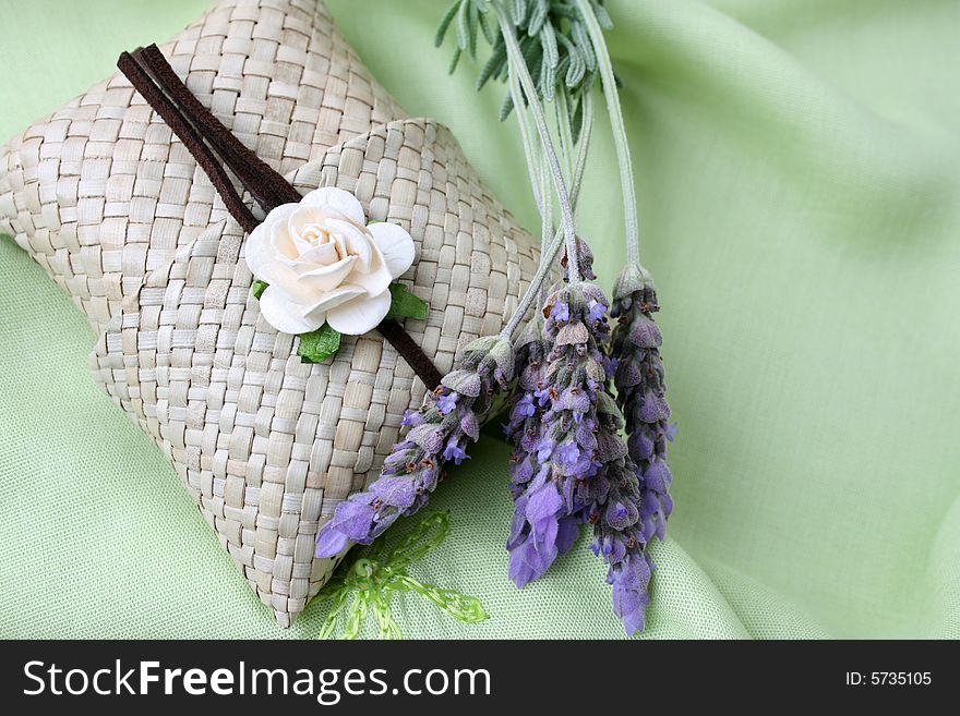 Woven sachet containing soap with fresh lavender. Woven sachet containing soap with fresh lavender