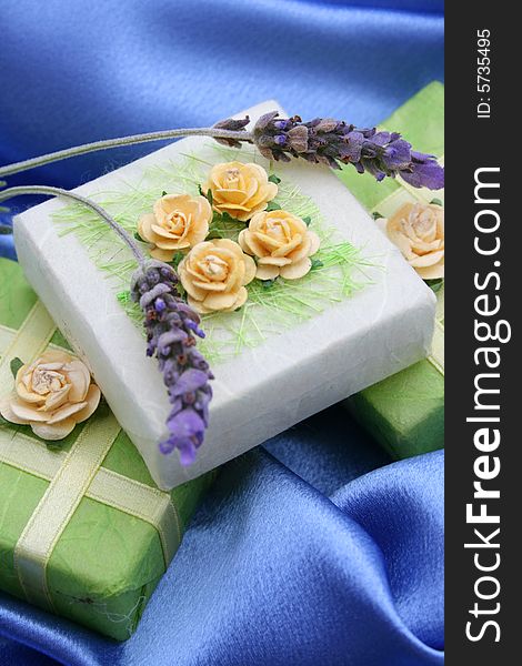 Soap gifts in yellow and green with fresh lavender. Soap gifts in yellow and green with fresh lavender