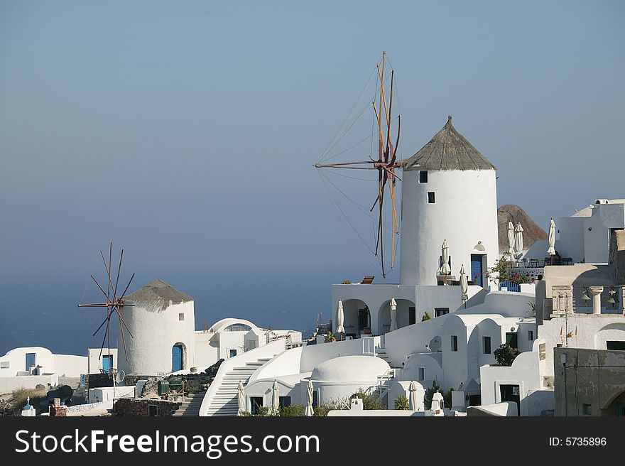 Windmills in oia santorini geece