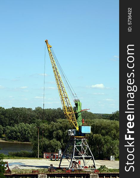 Tower crane in river port, Chernigiv, Ukraine. Tower crane in river port, Chernigiv, Ukraine