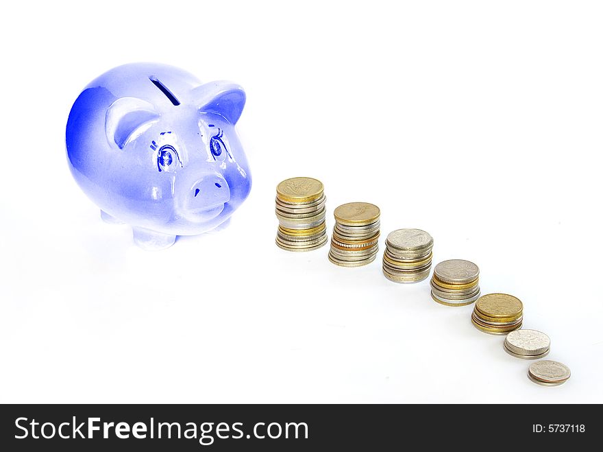 Piggy bank  isolated on white background with coins