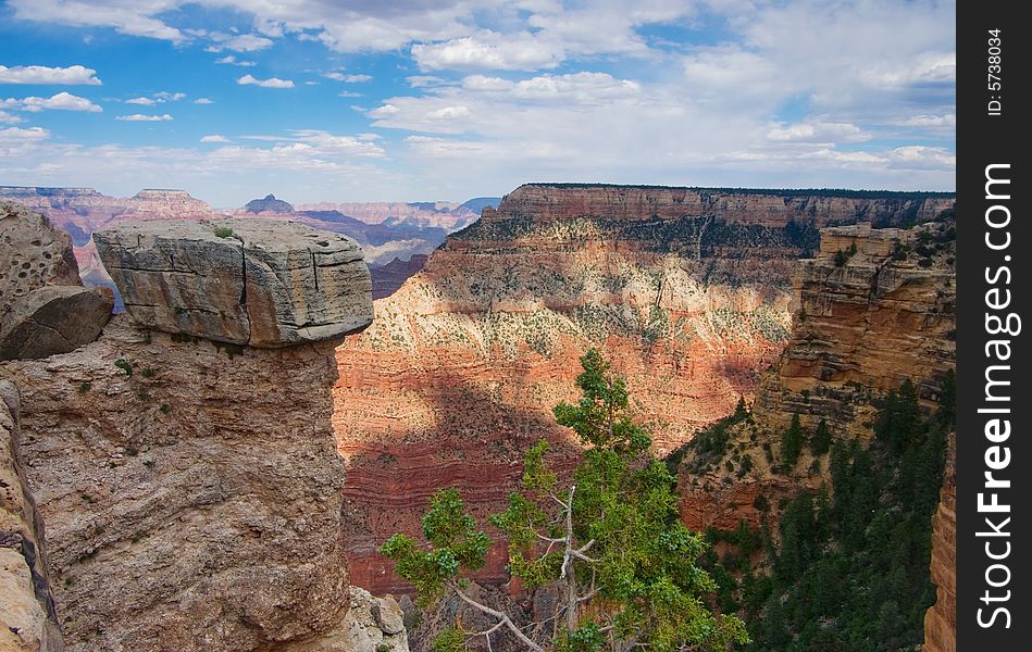 Huge red rock with tree in Grand Canyon / South Rim.