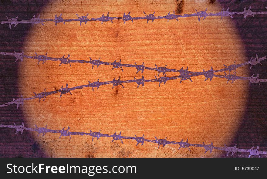 Abstract colored illustration with barbed wire on wooden texture