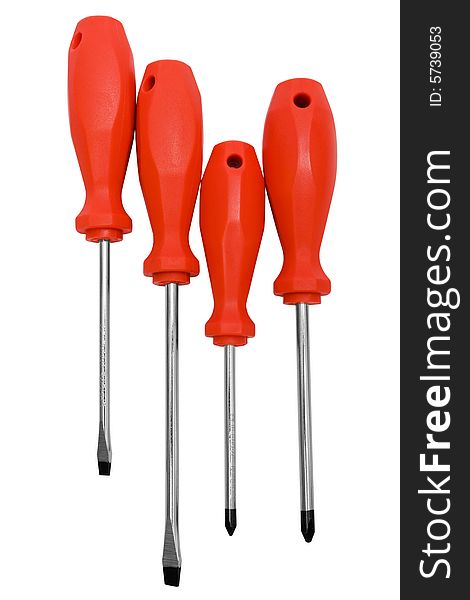 Set of steel screwdrivers on a white background
