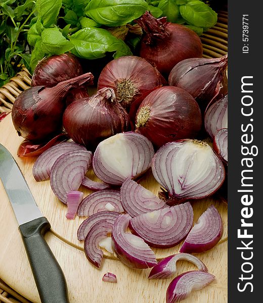 Red onions cut up for food preparation. Red onions cut up for food preparation.