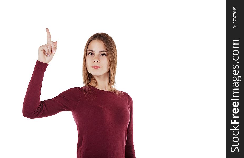 Girl in rsd sweater points finger up. Girl in rsd sweater points finger up