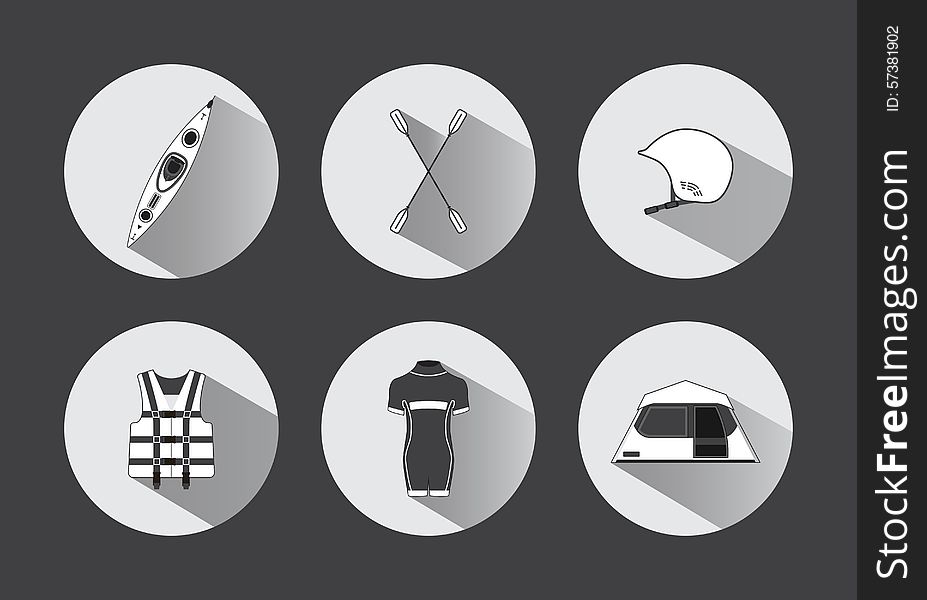 Flat rafting vector icons in black and white with long shadows