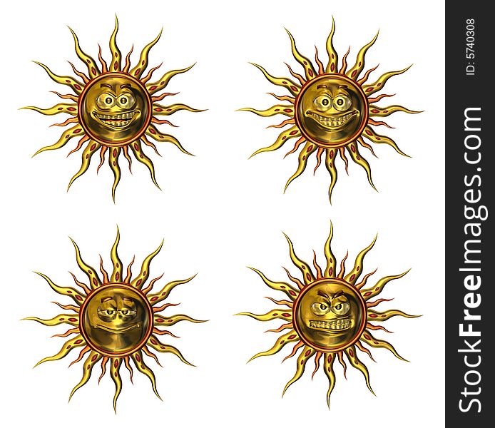3D render of four golden emotisuns: sneering, smiling, serene and angry.