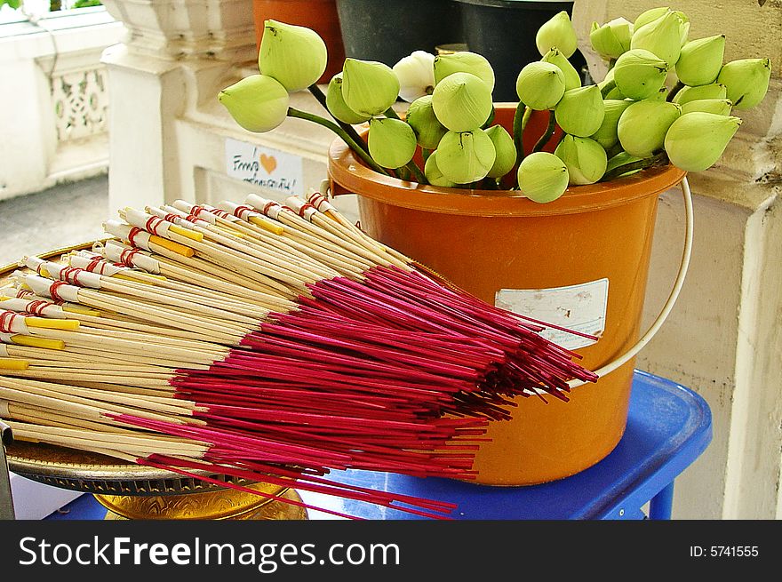 Flower bud and incense for praying in Thailand. Flower bud and incense for praying in Thailand