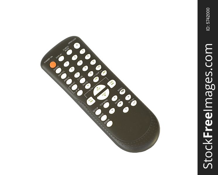Black remote control with white and red buttons