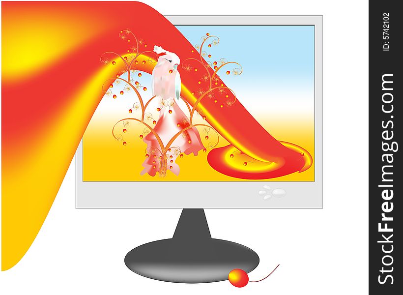The bright image of a bird on the monitor of a computer shows opportunities of transfer of color of this device. The bright image of a bird on the monitor of a computer shows opportunities of transfer of color of this device