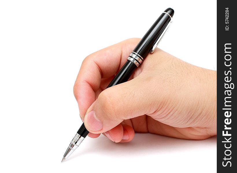 Hand writing with a pen isolated on white background.