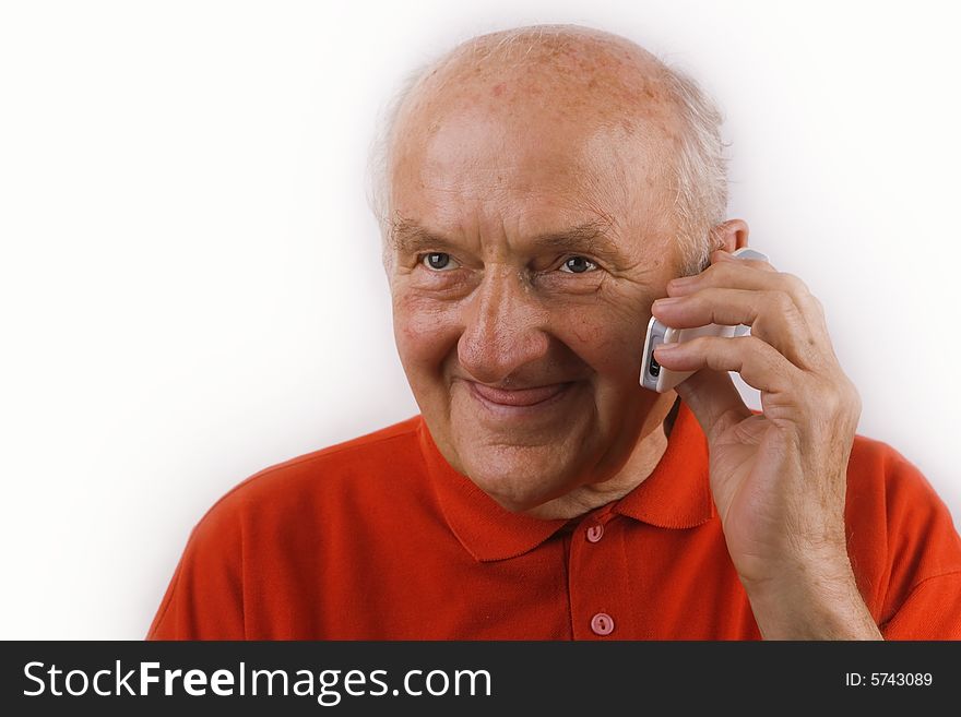 Senior using mobile phone - white background