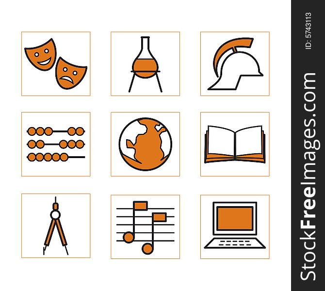 Stylised icons of scool subjects 1 in orange. Stylised icons of scool subjects 1 in orange