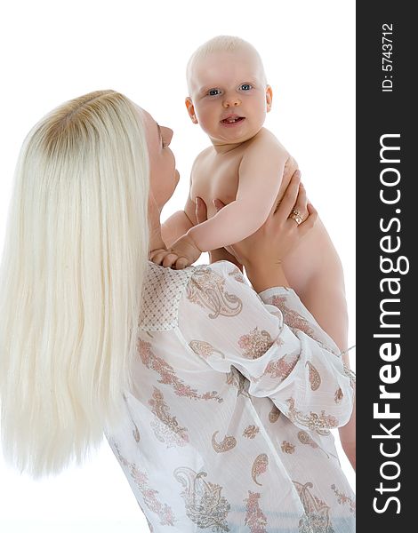 Happy mother with baby over white