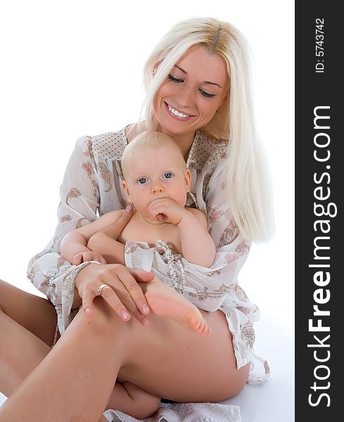 Happy mother with baby over white