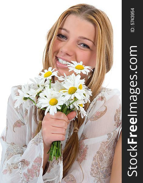 Woman With Flowers On White