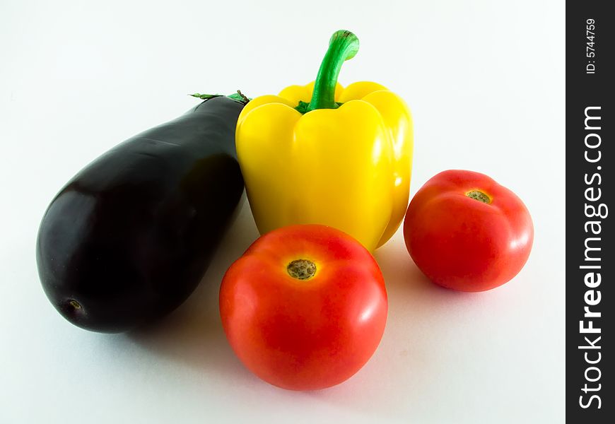 Vegetables, two tomato, pepper, eggplant still life