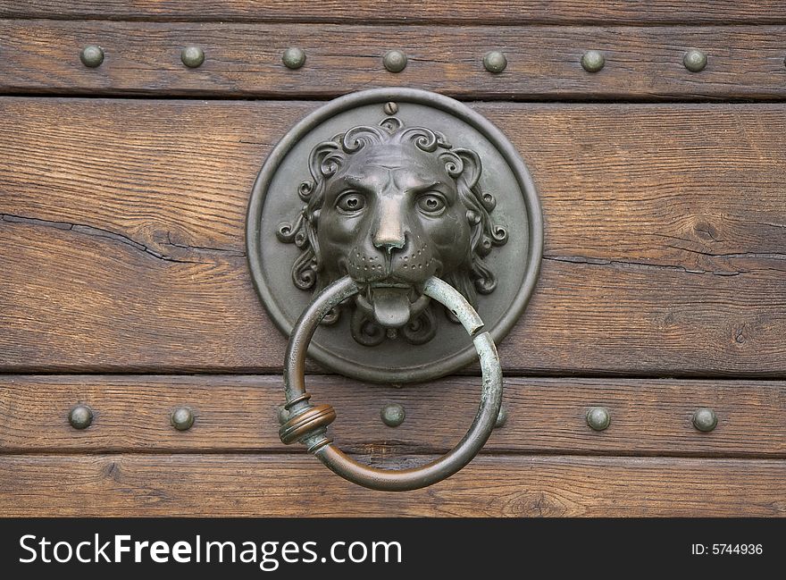 Door handle with shape of a lion forund on a door in Viborg, Denmark