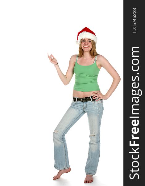 Santa hat woman with one hand on her hip