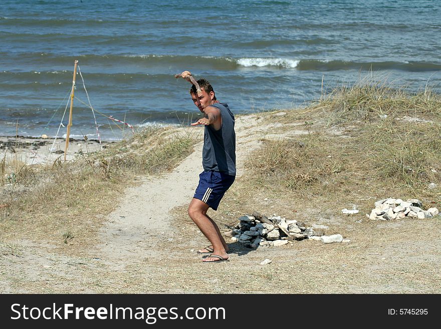 Man in karate stance. Fun.