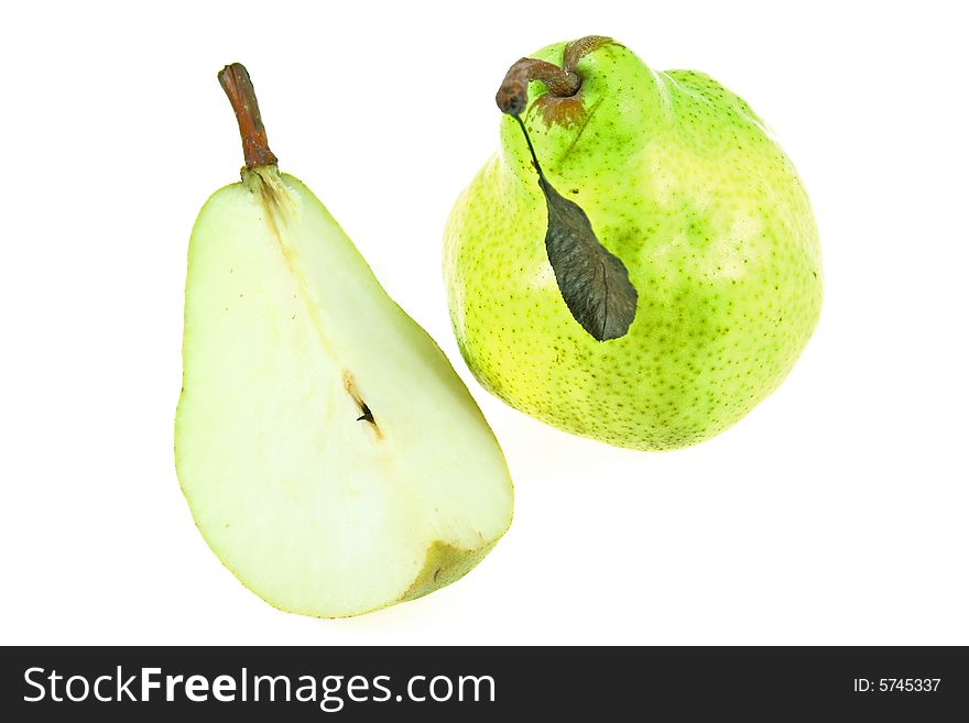 Green pears on white background