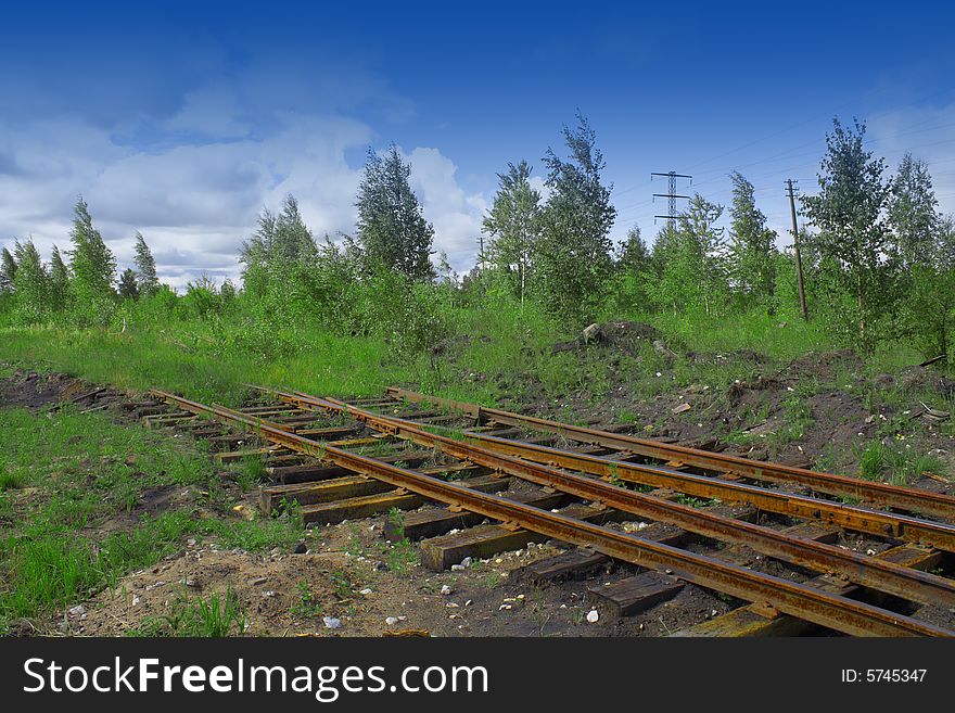 Rusty rails among a green wood.