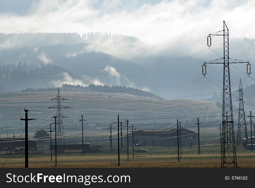 Power lines and mountains in transylvania