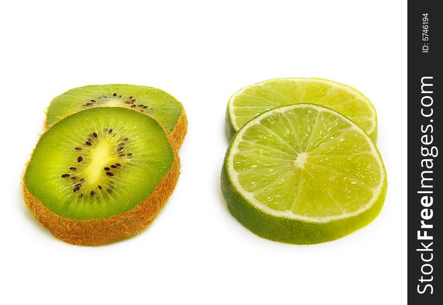 Sliced fresh kiwi and lime isolated on white background. Sliced fresh kiwi and lime isolated on white background