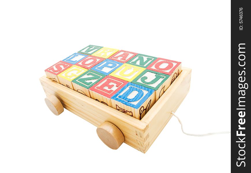 Words alphabet in the wooden carriage on the isolated white background. Words alphabet in the wooden carriage on the isolated white background.