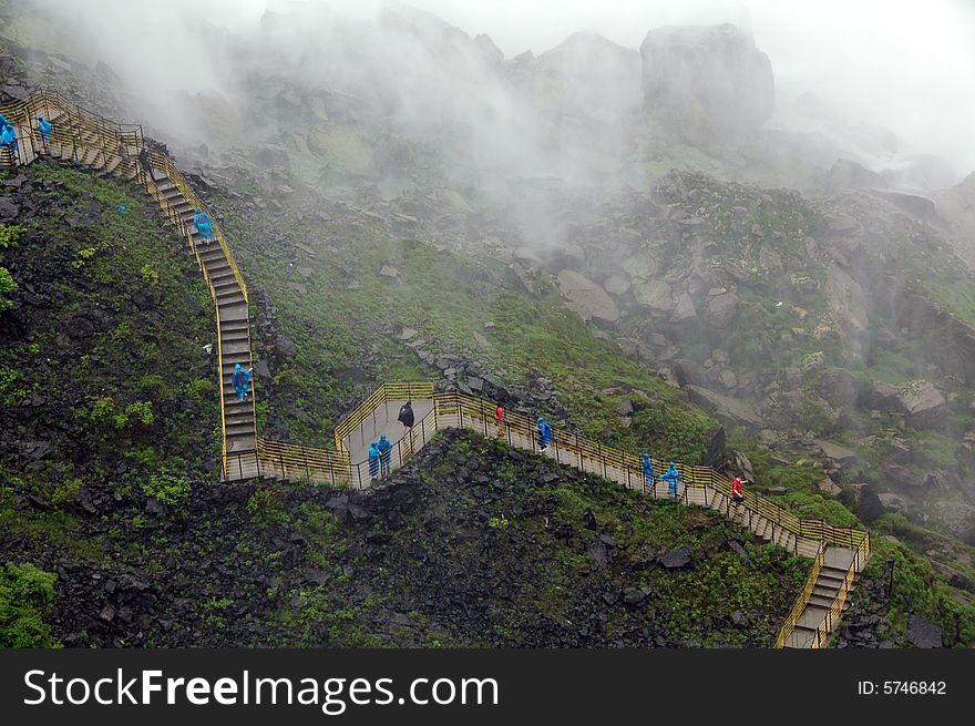 A bridge that lallows people to walk below the Niagara falls. A bridge that lallows people to walk below the Niagara falls